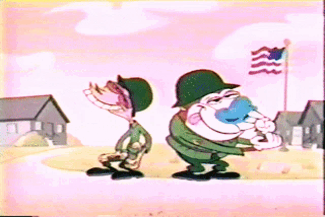 two cartoon soldiers standing next to each other in front of a flag