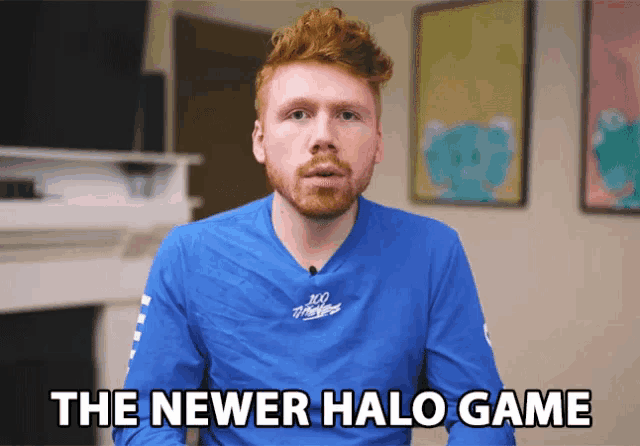 a man in a blue shirt with the words the newer halo game