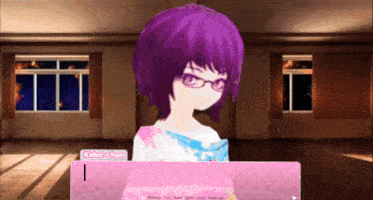 a girl with purple hair and glasses named koba-chan