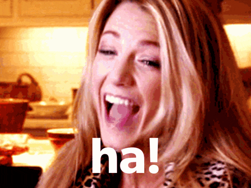 a woman is laughing with her mouth open and the word ha is on her face
