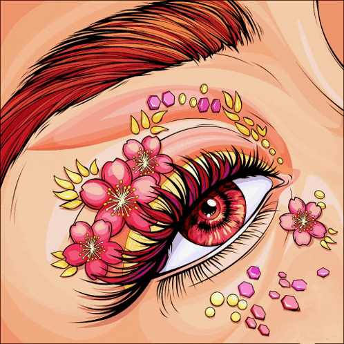 a close up of a woman 's eye with flowers and rhinestones on it