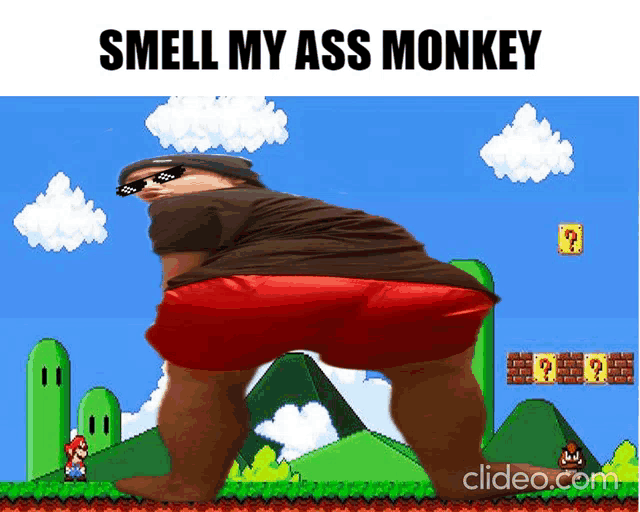 a cartoon of a monkey with the words smell my ass monkey below it