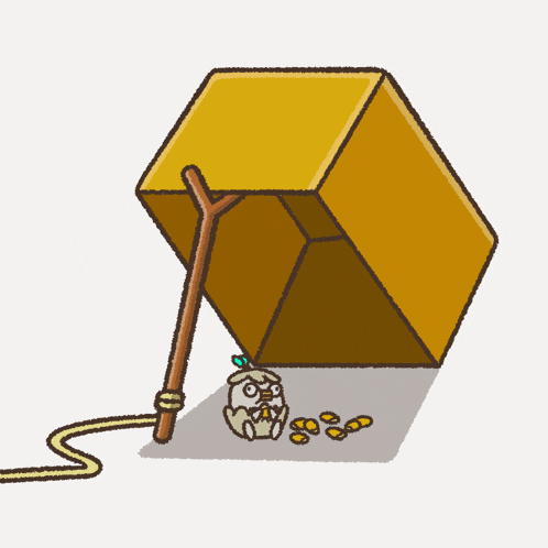 a cartoon drawing of a yellow box with a rope hanging from it