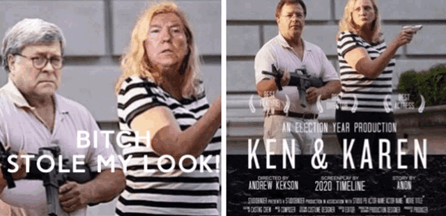 a movie poster for ken and karen shows a man and a woman holding guns