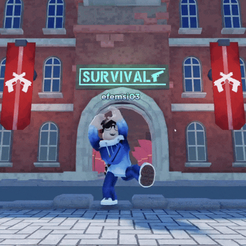 a cartoon character stands in front of a building with a sign that says survival