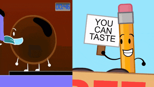 a cartoon of a pencil holding a sign that says " you can taste "