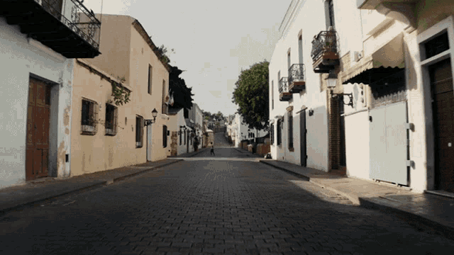 a cobblestone street with a few buildings and a sign that says ' avenida ' on it