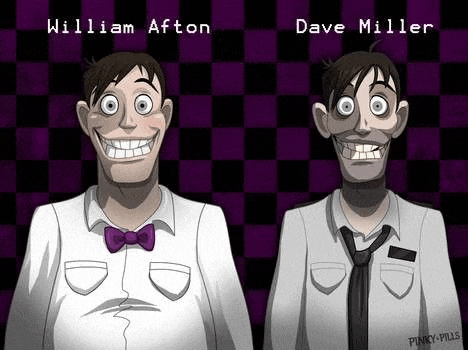 william afton and dave miller are two cartoon characters from five nights at freddy 's standing next to each other .