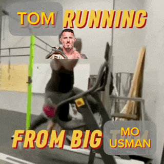 a man is running on a treadmill with the words tom running from big mo usman above him