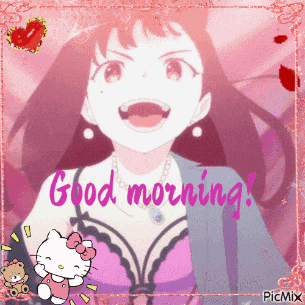 a picture of a girl with a hello kitty says " good morning "