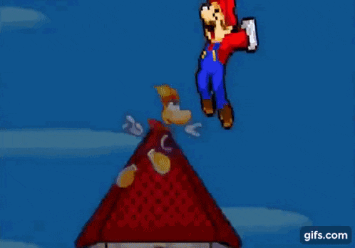 a video game shows mario flying over a house