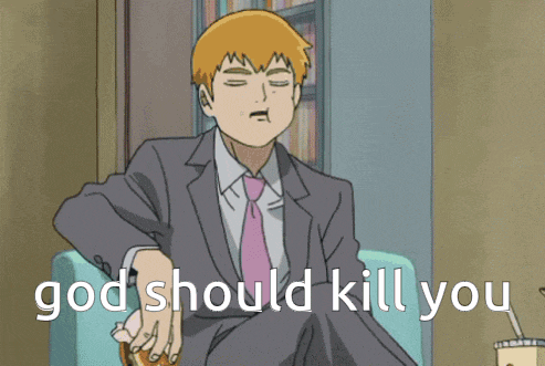 a man in a suit and tie is sitting on a couch with the words god should kill you written below him