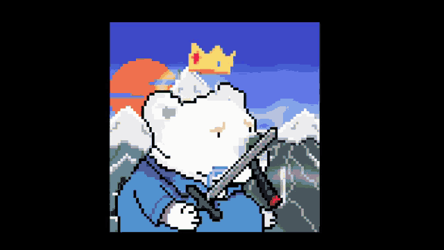 a pixel art of a polar bear with a crown on his head holding a sword