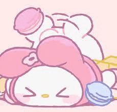 a pink and white cartoon character is laying on top of another cartoon character .