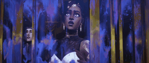 a woman is standing in a dark room behind a fence holding a sword .