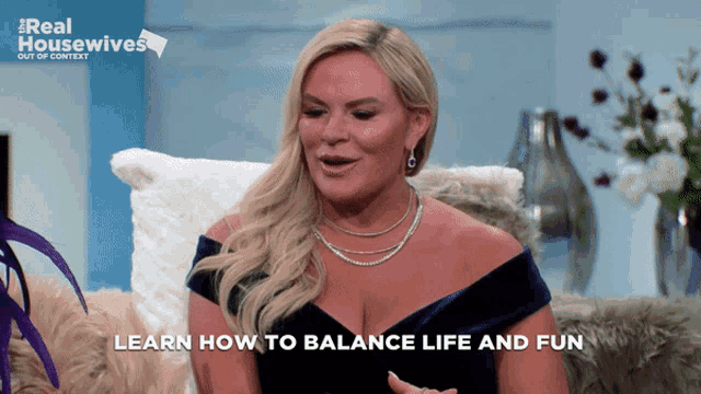 a woman is sitting on a couch with the words learn how to balance life and fun written below her