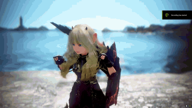 a girl in a video game is standing in front of a screen that says " recording "