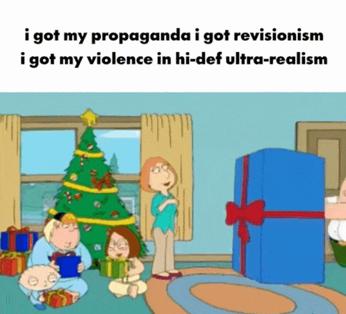 a cartoon of a family guy sitting in front of a christmas tree with gifts