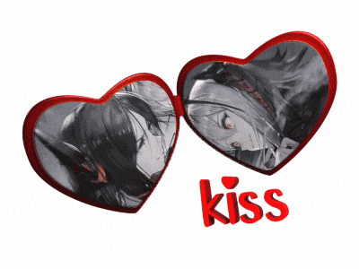 a couple of red hearts with the word kiss on it
