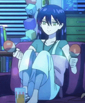 a girl with blue hair is sitting on a couch holding a beach ball and a cup of orange juice