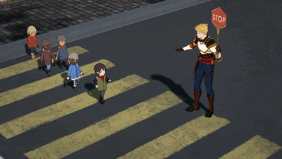 a man is holding a stop sign while a group of kids cross the street