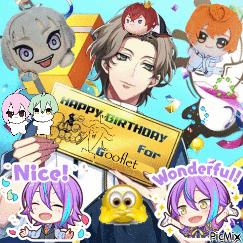 a man holding a card that says happy birthday for gooflet