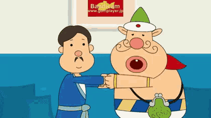 two cartoon characters shaking hands in front of a banner that says bandream www.gameplayer.jp