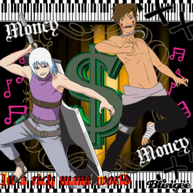 a couple of anime characters standing next to each other with money written on the bottom