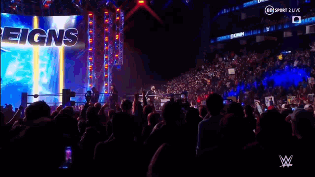 a crowd of people watching a wrestling match with a sign that says reigns on it