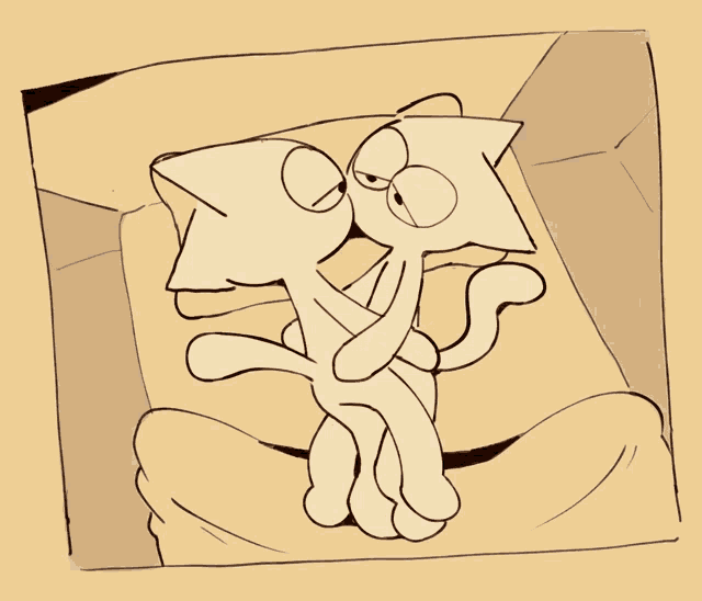 a drawing of two cats hugging each other on a couch