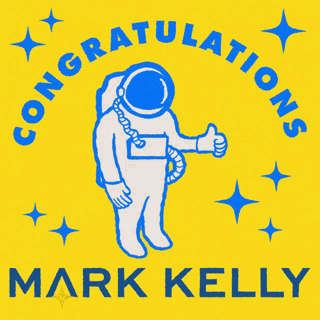 congratulations mark kelly with a blue astronaut on a yellow background