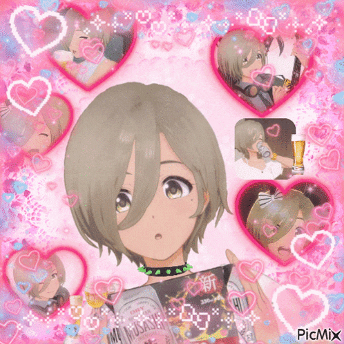a picture of a girl surrounded by pink hearts with picmix in the bottom right corner
