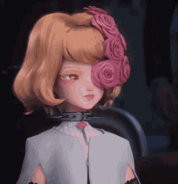 a close up of a doll with roses in her hair