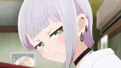 a girl with white hair and green eyes is wearing a choker around her neck
