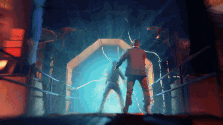 a man and a woman are standing in a dark tunnel