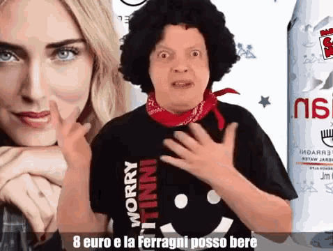 a man wearing a black shirt that says " worry " stands next to a woman