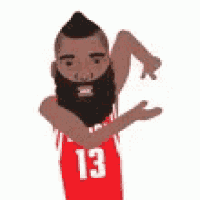 a cartoon of a basketball player with a beard wearing a red jersey with the number 13 .