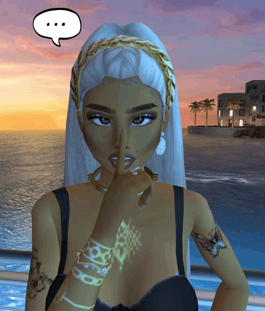 a woman with a speech bubble above her head holds her finger to her mouth