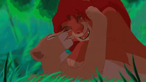 simba and nala from the lion king are laying in the grass .