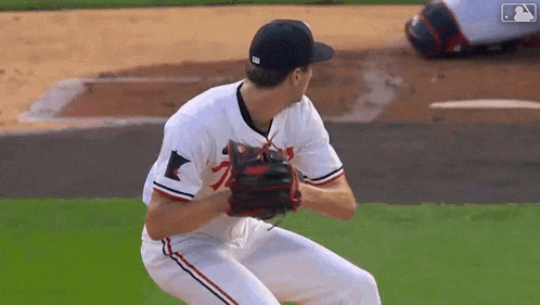 a baseball player is getting ready to throw a ball while wearing a mlb hat
