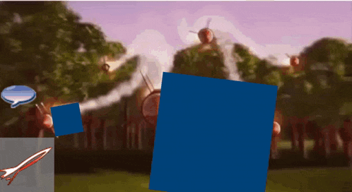 a cartoon scene with a rocket and a blue square