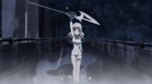 a girl is holding a sword in her hand while standing on a bridge .
