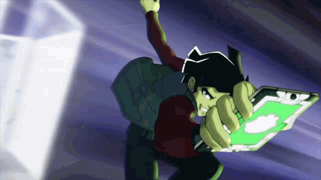 a cartoon character is holding a tablet in his hands