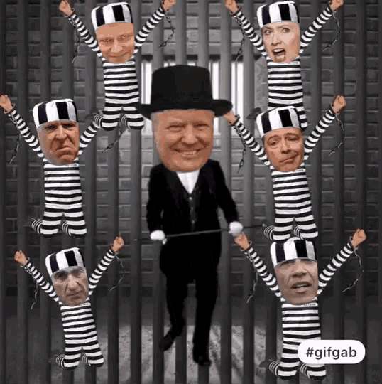 a gif of a man in a top hat surrounded by prisoners with their hands up