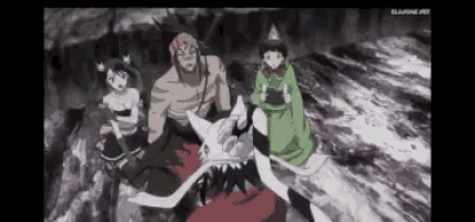 a group of anime characters are sitting around a man with a sword in his hand .