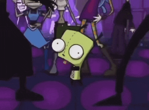 a cartoon character is hanging upside down in a purple room