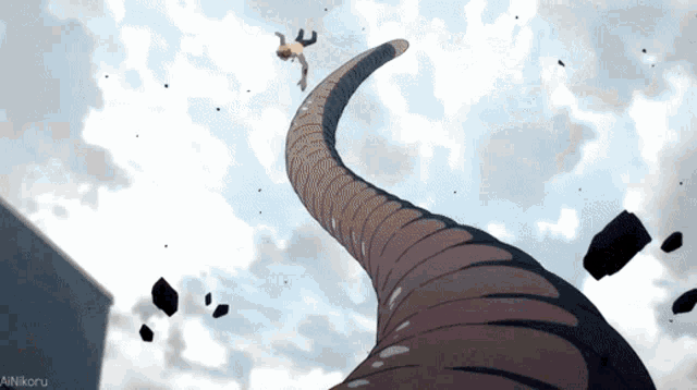an animated image of a person falling off a very long snake with a nikonu logo in the corner