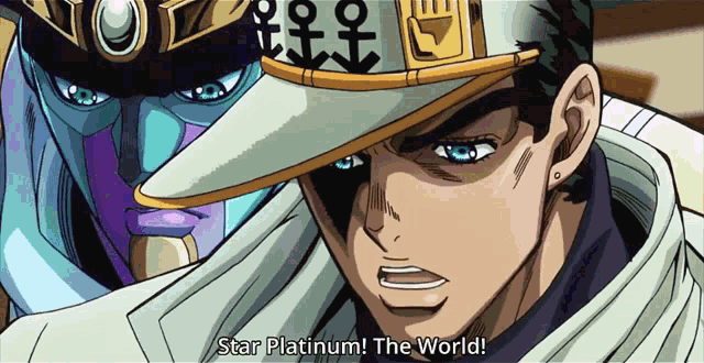 a cartoon character says star platinum the world in front of star platinum