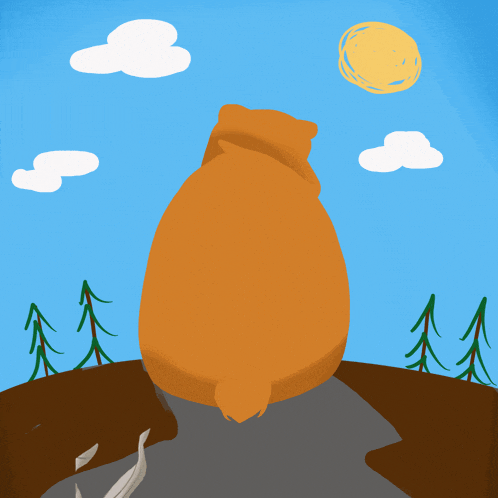 a cartoon of a bear standing on a hill looking at the sun