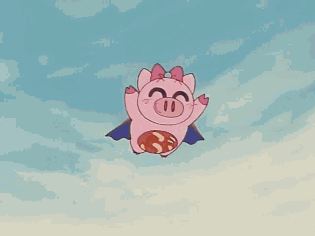 a cartoon pig is flying through the air with a blue cape